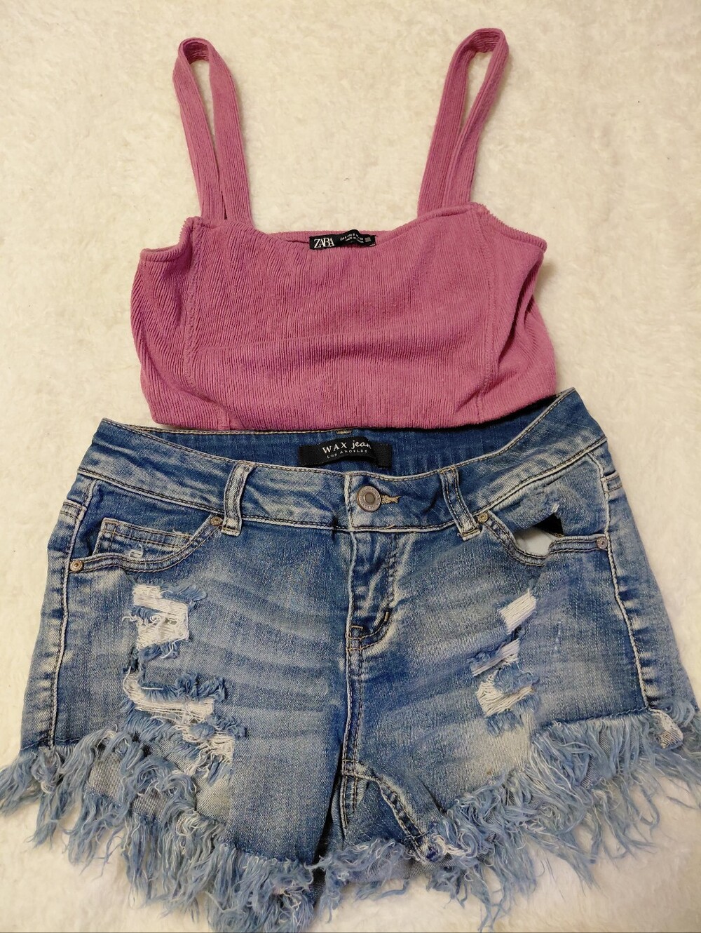 Zara Pink Ribbed Crop Top & Wax Jean Distressed Denim Shorts Bundle Size S